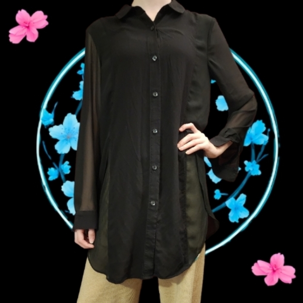 BCBGENERATION - WOMEN'S TALL - BLACK LONG SLEEVE BLOUSE - SHEER SLEEVES - SIZE S